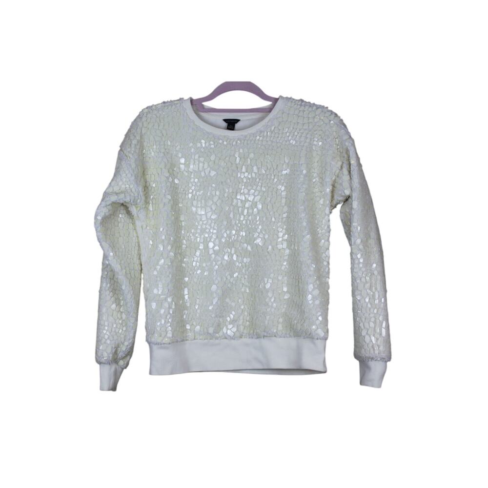 Ann Taylor Cream Cracked Ice Long Sleeve Casual Crewneck Sweatshirt Sweater XS